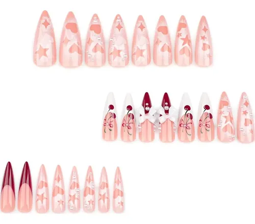 Uñas Adheribles French Tip Largas Stiletto Con Laço 3d