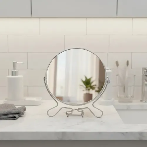 Espejo Con Aumento Doble Faz 9 Cm Con Apoyo Metalico Maquillaje Baño