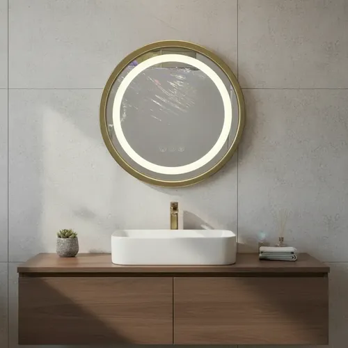 Espejo Redondo Pared Led Luz Frio Calido Marco Dorado 32cm