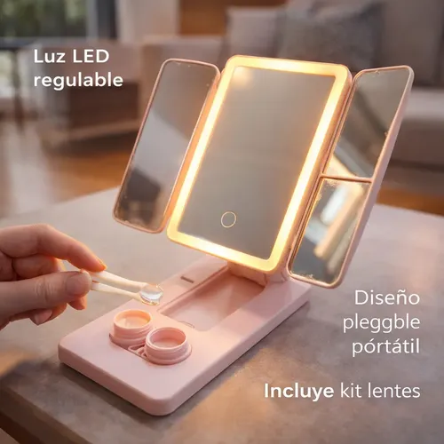 Espejo De Maquillaje Rosa Prini Con Triple Panel Y Luz Led