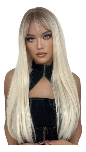 Peluca Larga Negra De Cabello Humano Con Flequillo Y Gorro D