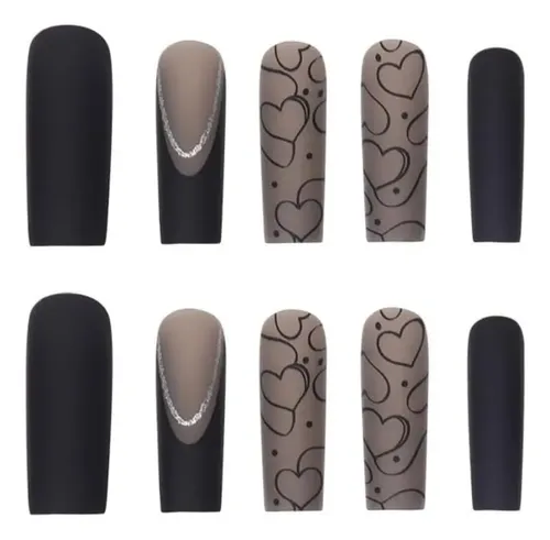 Kit De Uñas A Presión Largo Cuadrado Mate Negro Francés