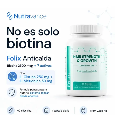 Suplemento Anticaída Cabello Biotina 2500mcg L-Cistina L-Metionina Colágeno Tipo I III Ácido Pantoténico 60 Cápsulas Crecimiento Capilar Keratina