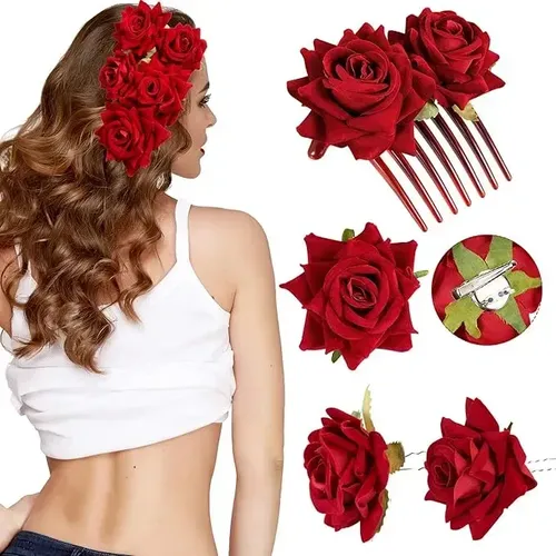Y Accesorio Para El Cabello Pelo Con Forma Florale Rojo Y