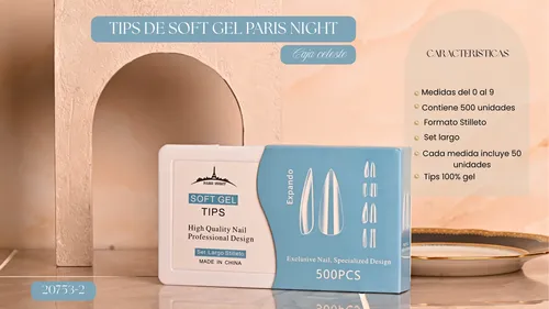 Tips Soft Gel Y Press On X500 Stiletto Largo Paris Night Uña