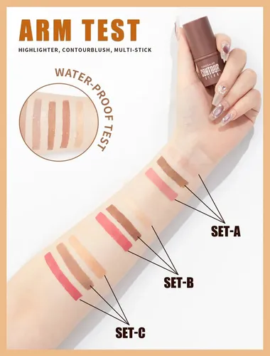 Hellokiss Set 3 Barra Contorno Iluminador Rubor Facial Larga