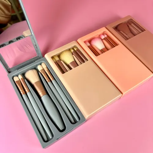 Set De Brochas De Maquillaje Portátil Con Estuche Y Espejo