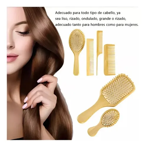 Kit 6 Cepillos Y Peines De Bambú Antifrizz