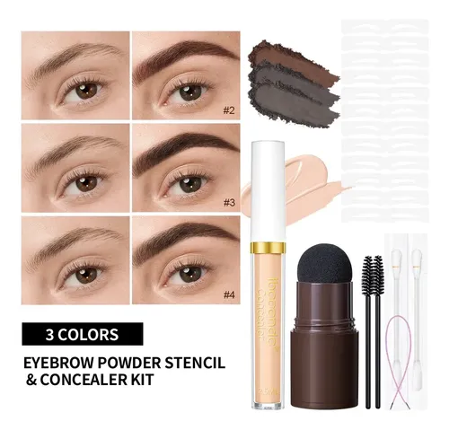 Kit Maquillaje Cejas Polvo, Brocha, 12 Plantillas, Corrector