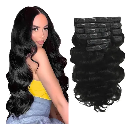 Extension De Cabello Natural Ondulado 55cm, 8 Piezas, Negro