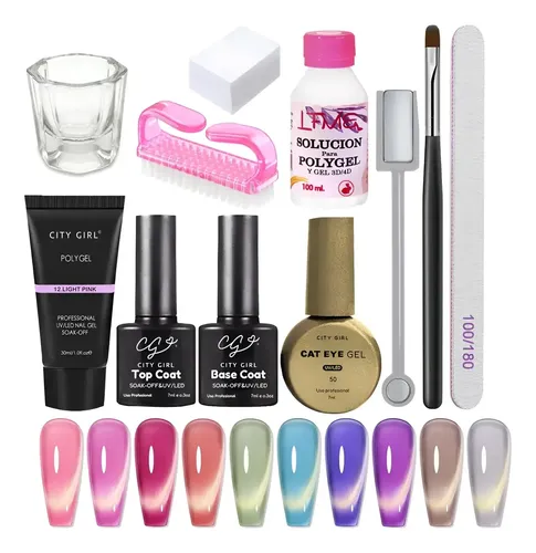 Kit Uñas Polygel Esculpidas Esmaltado Semipermanente Cat Eye