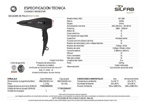 Secador De Pelo Max Flow By-568 Silfab Beauty Con Accesorios