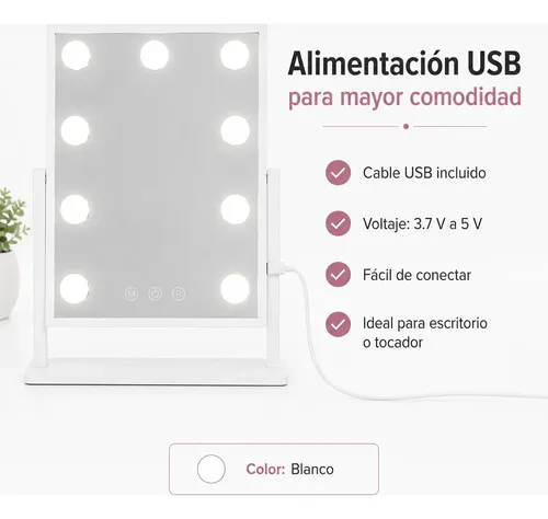 Espejo Led Maquillaje 9 Luces Usb Con Control Táctil