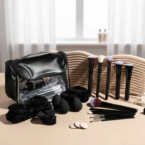 Kit Estuche Maquillajes 13 Pinceles +skincare Esponjas Negro