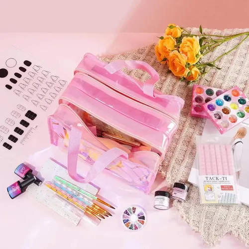 Kit Uñas Acrílicas Profesional Rosa Holográfico Con Lámp