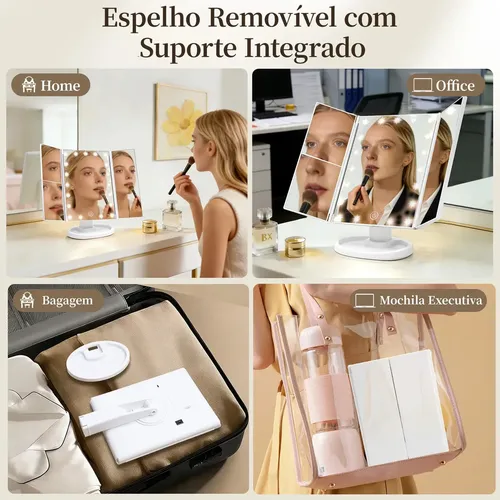 Espejo de Maquillaje Plegable con Triple LED y Aumento 3X para Maquillaje de Rostro, Recargable por USB, con Base Organizadora de 180°