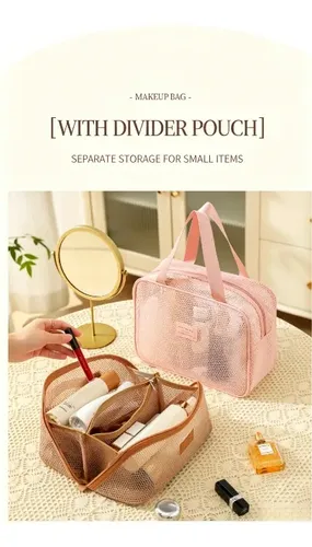 Neceser Organizador De Maquillaje De Red Viaje Caqui Mesh