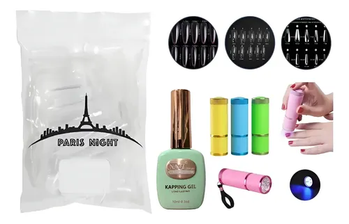 Kit Soft Gel 50 Tips Paris Night + Base Kapping+ Linterna Uv