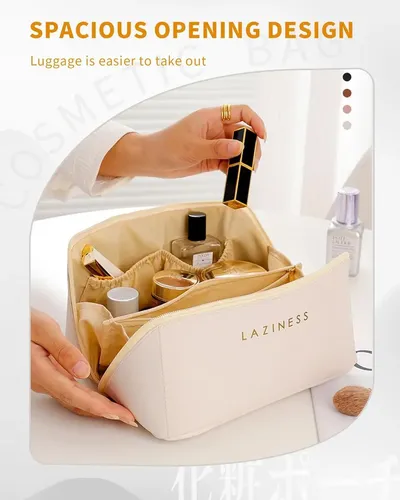 Neceser Cuero Pu Porta Cosmeticos Maquillaje Viaje Bolso Color Marrón Diseño De La Tela Lisa