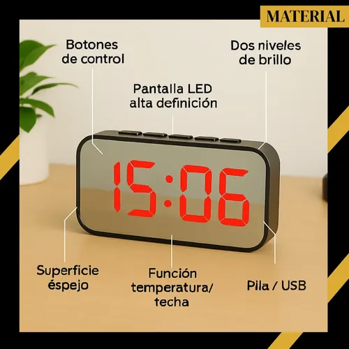 Reloj Despertador Digital LED Espejo KOABIT Alarma Pantalla LED Funciona con Pilas o USB Mesa Dormitorio Oficina Negro