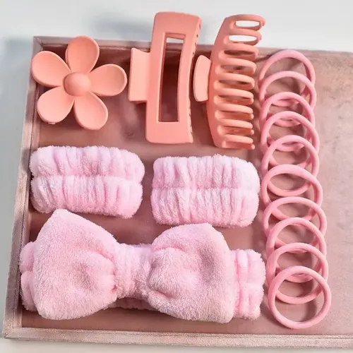 Set Spa 16 Piezas Diadema Muñeca Y Accesorios Pelo Rosa