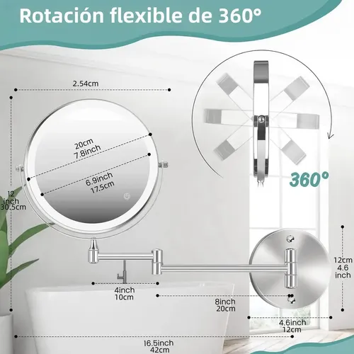 Espejo De Vanidad 8in C/luz Led Retráctil 2 Cara Aumento 10x