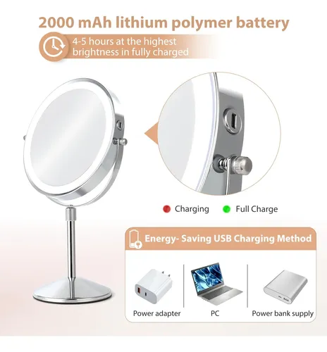 Espejo De Maquillaje Ffowcye 8 Led Con Aumento De 1x/10x