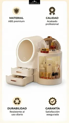 Organizador De Maquillaje NORTH LEVEL Con Espejo Y Luz LED Para Tocador