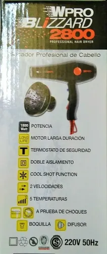 Secador De Pelo Profesional Blizzard 2800 Con Difusor Wpro Color Negro