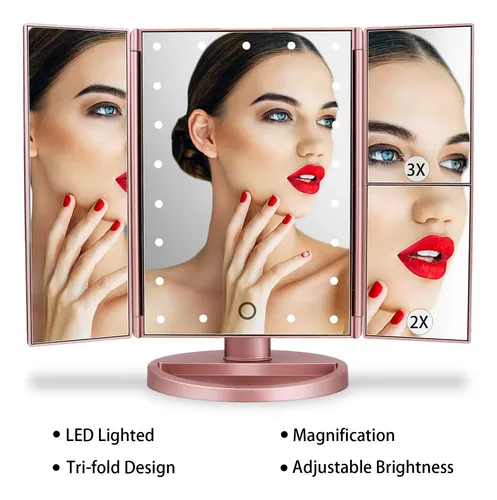 Espejo Para Maquillaje Triptico Con Aumento Y Luz Led Rosa