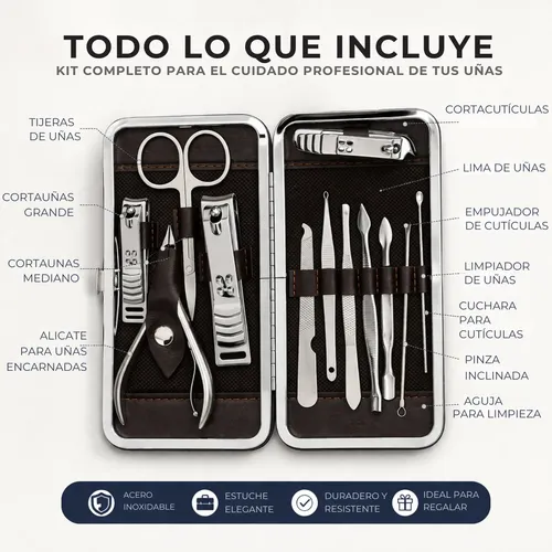 Set Manicure Estuche 12 Piezas Acero Inoxidable Cuidado Uñas
