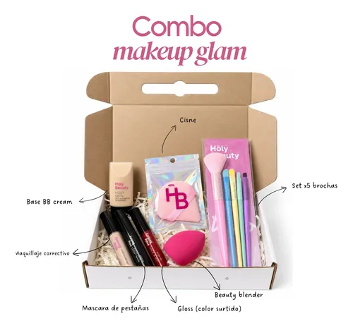 Box Regalo Maquillaje Glam Con Brochas Gloss Y Máscara