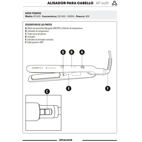 Planchita De Cabello Ultracomb Ap-4429 Ioncare 3 Temp 210°c