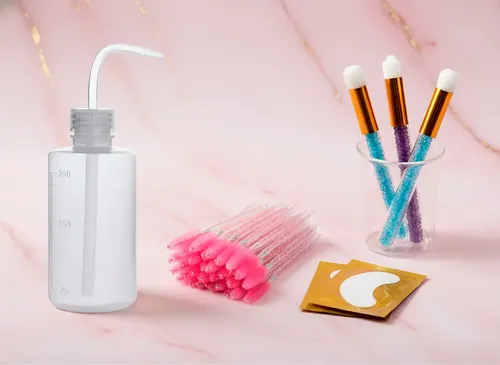 Kit Limpieza Pestañas Lash Botella Cepillos Parches Brocha