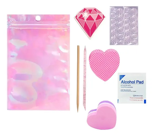 Kit X10 Para Uñas Press On Packaging Completo Rosa