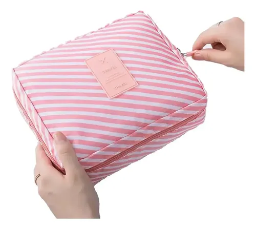 Neceser Bolso Porta Cosmeticos Maquillaje Organizador Viaje Color Rosa Rayado