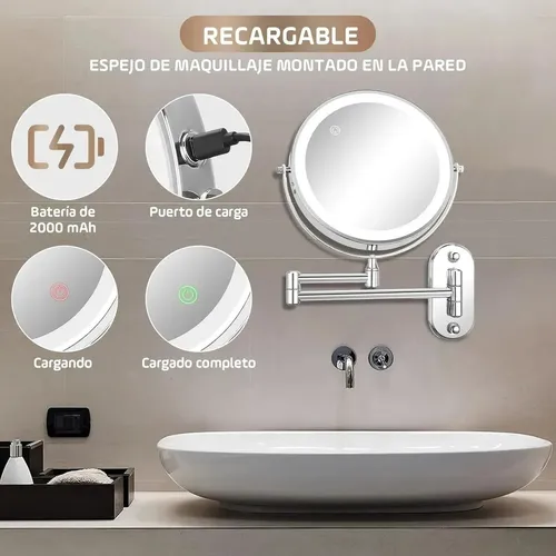 Espejo De Maquillaje De Pared Recargable Con Tricolor Luz