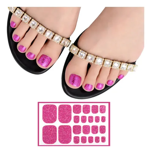 Tiras De Uñas Gel Para Pies Autoadhesivas 22u – No Necesita Lampara UV – Fucsia Glitter