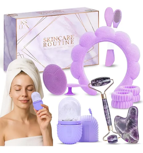 Kit Cuidado Facial Ks Lux 7 Piezas Rodillo Gua Sha Morado