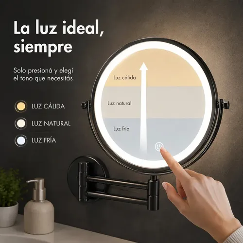 Espejo LED Para Baño Y Maquillaje Aumento 3X Recargable USB Brazo Doble Extensible Giratorio PatiosCrafts Luz Regulable Táctil Instalación Sin Agujeros