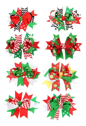 8 Pinzas Para El Pelo Con Forma De Lazo Navideño, Lazos Para