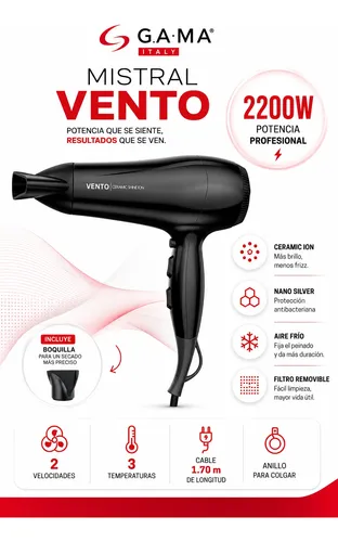 Secador De Pelo Gama Vento Ceramic Shine Ion 2200w Boquilla