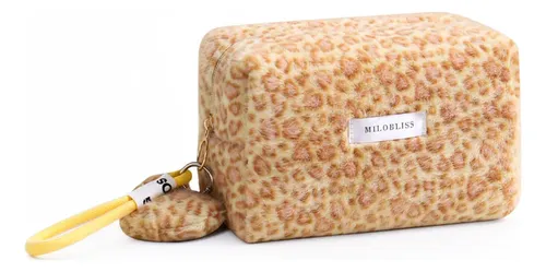 Bolso De Maquillaje Felpa Leopardo Marrón Hexagonal Grande