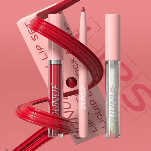 Set Labial 3 En 1 Dunuf Delineador Líquido Y Brillo