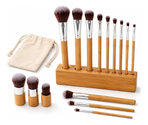 Set 11 Brochas Maquillaje Mango Bambú Profesionales + Kit