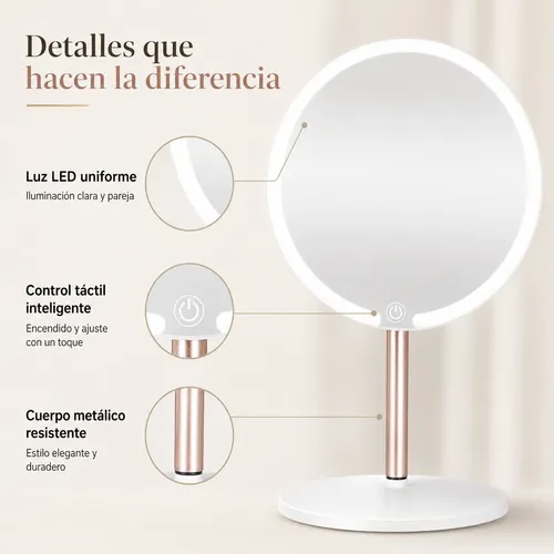 Espejo Maquillaje Led Redondo 21.5cm 3 Tonos Recargable