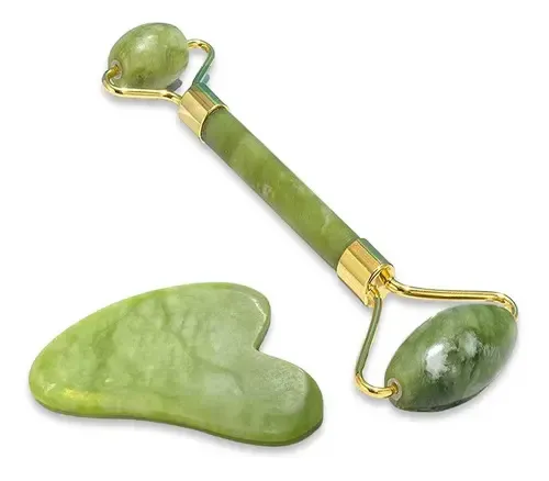 Kit Masajeador Facial Jade Rodillo +piedra Guasha-natural Color Verde