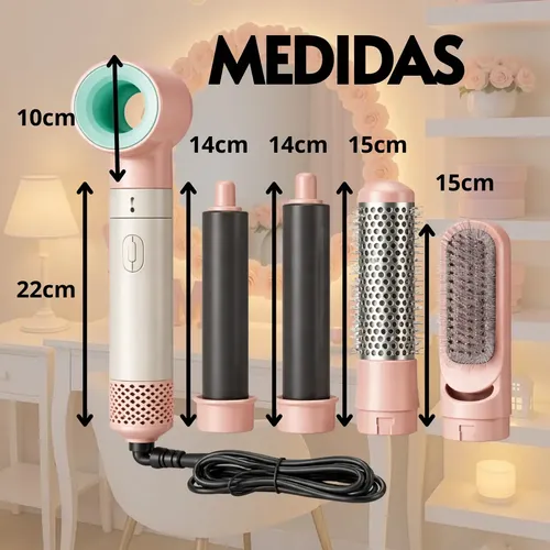 Set Modelador Cepillo Secador Pelo 5 En 1 Electrico Rulos Rosa