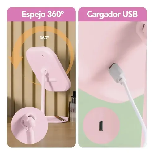 Espejo De Escritorio Con Luz Led 3 Tonos Recargable Joyero