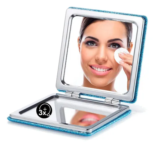 Espejo Compacto Omiro Glitter Pu Con Aumento De 1x/3x, Azul